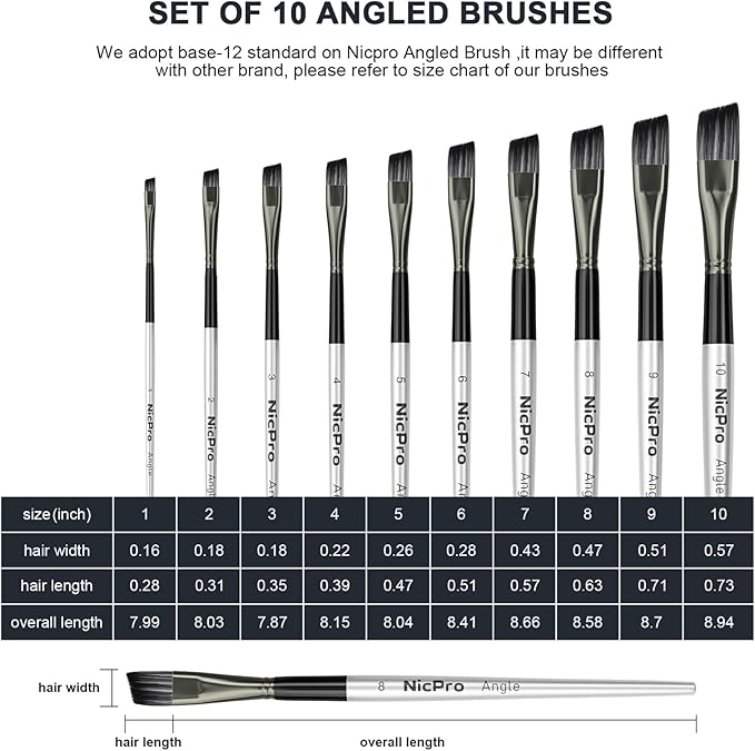 Nicpro 10 PCS Angular Paint Brush Set, Nylon Hair Angled Paint Brushes for Acrylic, Watercolor, Oil, Gouache, Craft, Detail Face Body Art Painting, Base Coating, Artist Paintbrush Kit for Kid & Adult
