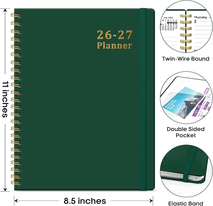 Planner 2026-2027, Weekly and Monthly Academic Year Planner Calendar, July 2026 - June 2027, Hardcover Large School Planning Agenda With Tabs, Perfect for School & Office Supplies, A4 (8.5" x 11"), Dark Green