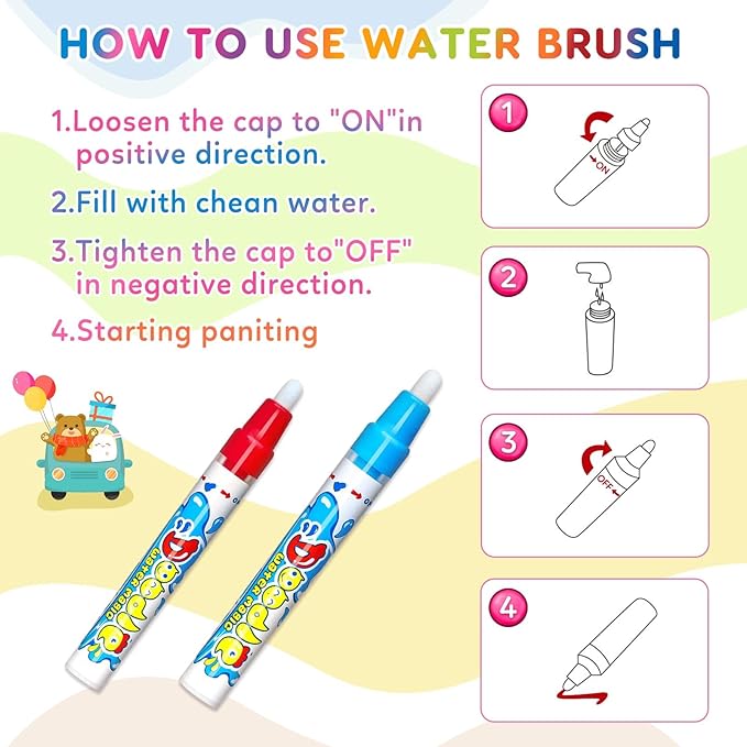Wedopro Water Doodle Mat 40x30” - Mess-Free Toddler Toys for Ages 3-7 with 27 Pcs | Educational Drawing & Painting Mat for Kids with 24 ABC & Animals | Birthday Gift for Boys & Girls