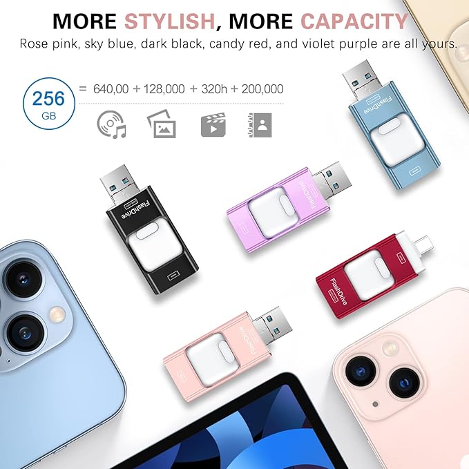 Flash Drive for iPhone 256GB, 4 in 1 USB Type C Memory Stick, Photo Stick External Storage Thumb Drive for iPhone iPad Android Computer, Rose Pink
