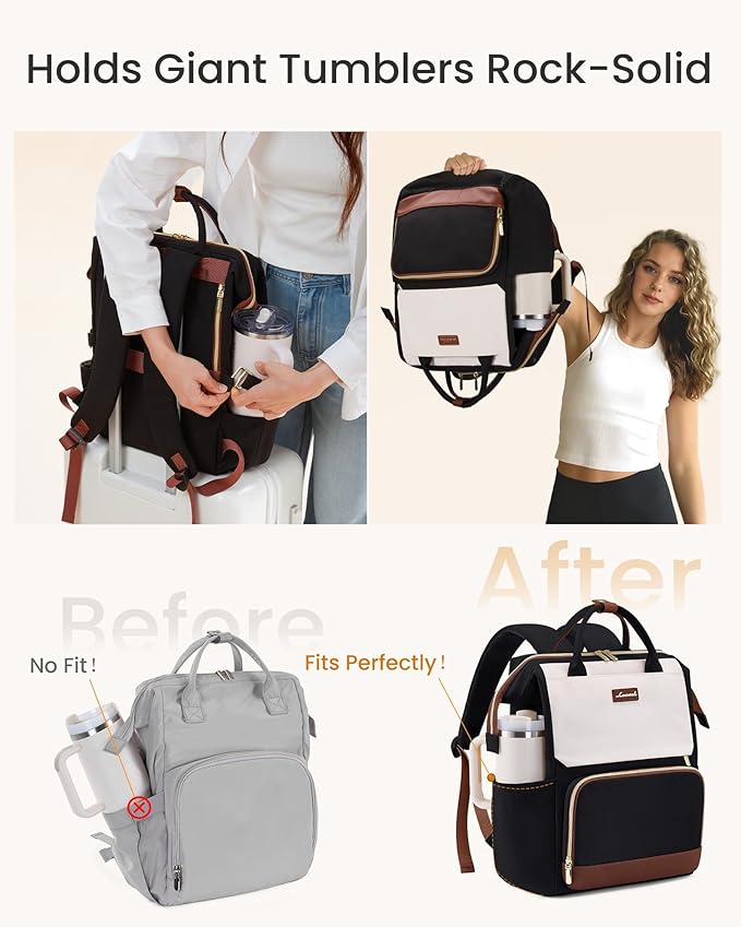 LOVEVOOK Laptop Backpack for Women with Giant Tumbler Holder Pocket, 15.6 inch Travel Work Backpack Purse for Nurse Teacher, Waterproof School Bag College Bookbag Cute Casual Daypack for Girls Brown