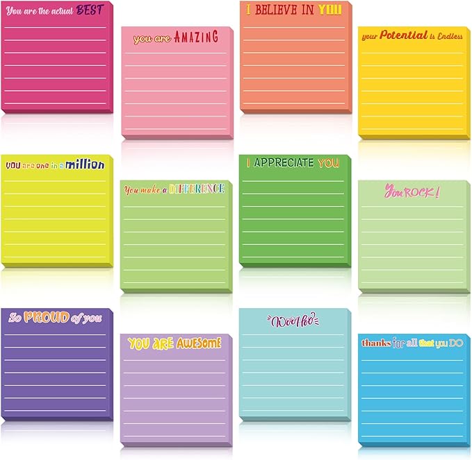 Yinder 12 Pcs Inspirational Sticky Notes Cute Motivational Sticky Notes Pad End of Year Employee Appreciation Gifts Bulk for Teacher Nurse Coworkers Office Supplies 3 x 3''(Appreciation,Classic Color)