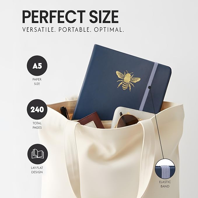 EVERLINEA 5.6” x 8.3” Embossed Bee A5 Hardcover Notebook, 240 Dotted Pages, Navy Blue