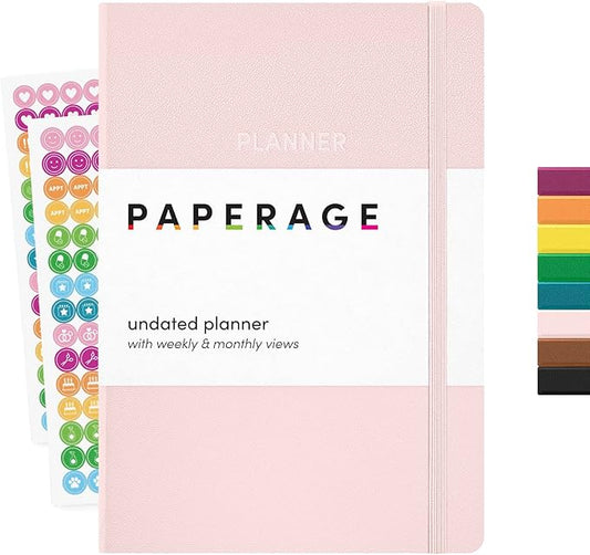 PAPERAGE Undated Weekly & Monthly Hardcover Planner (Blush), 5.6 in x 8 in, Includes Lined Note Pages & 2 Sticker Sheets