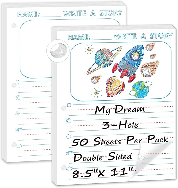 100 Sheets 8.5 x 11" Story Writing Paper for Kids Loose Leaf Draw and Write Paper 3/4" Long Rule Double-Sided K2 Write Story Handwriting Practice Paper Kindergarten Storybook Paper with Lines