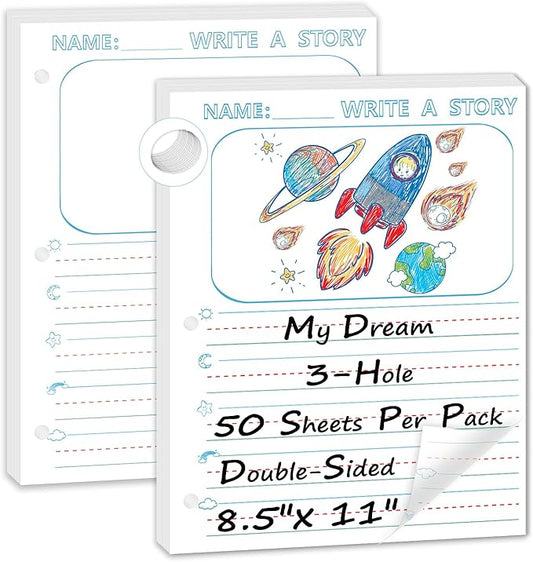 100 Sheets 8.5 x 11" Story Writing Paper for Kids Loose Leaf Draw and Write Paper 3/4" Long Rule Double-Sided K2 Write Story Handwriting Practice Paper Kindergarten Storybook Paper with Lines