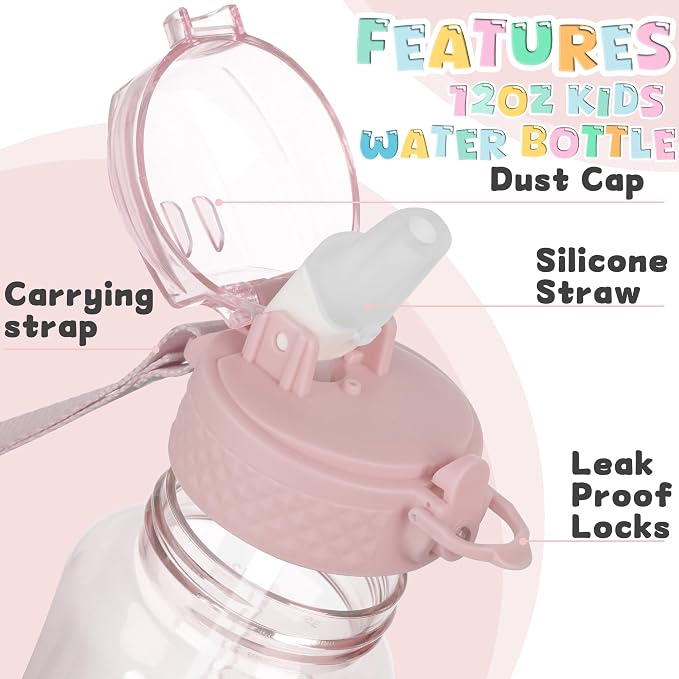 OLDLEY 12oz Kids Water Bottle, Tritan BPA-Free, Leakproof Flip Straw Lid, Motivational Time Marker, Carry Strap, Reusable Clear Water Bottle for Boys & Girls,Cherry Blossom