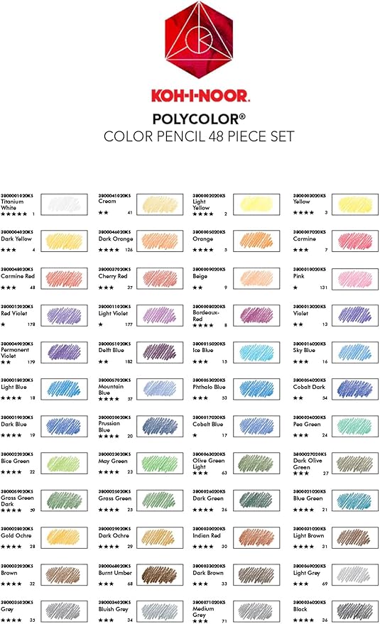 Koh-I-Noor Polycolor Drawing Pencil Set, 48 Assorted Colors in Tin, 1 Each (FA3826)