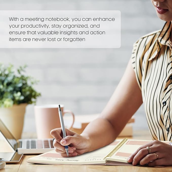 Meeting Notebook for Work Organization - Work Planner Notebook with Action Items, Agenda Planner for Note Taking, 160 Pages (6.9" X 9.9") Project Organizer for Men & Women - Pink