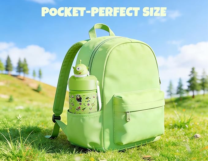POWCAN 18 oz Insulated Water Bottle for School: 2-in-1 Straw Spout Lid with Soft Animal Head, BPA-Free, Leakproof, Keep Cold 24H, Easy Carry, Stainless Steel Cup for Boys, Girls, Kids (Alien Party)