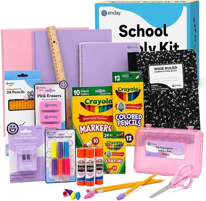 Enday Back to School Supplies for Kids - Pastel Kids School Supply Box, School Supplies Kit with Folders, Notebook, Composition Book, Pencils, Scissors, Markers, Crayons & Glue Sticks
