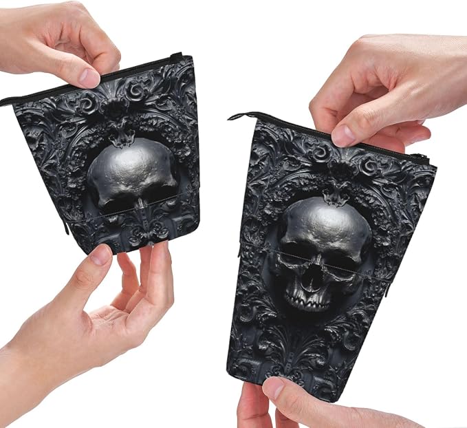 Skull Kids Standing Pencil Case Girls Boys Telescopic Stationary Pouch with Zipper Large Capacity Stand up Pen Bag Portable Makeup Holder for Children School Students Office Supplies