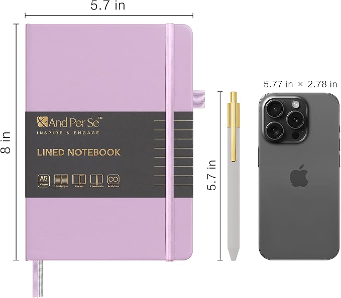 &And Per Se Lined Journal and Pen Set, A5 Leather Hardcover Notebook with Pen & Stationary Set, 160 Pages 100GSM Thick Ruled Paper Journal for Business Work Writing (Purple)