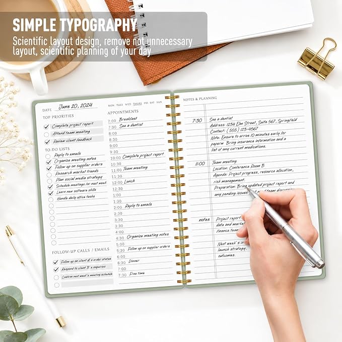 Daily Planner Undated - Simplified To Do List Notebook with Hourly Schedules, Spiral Appointment Organizer, 5.5" x 8.5", Easily Manage Your Tasks and Productivity - Green