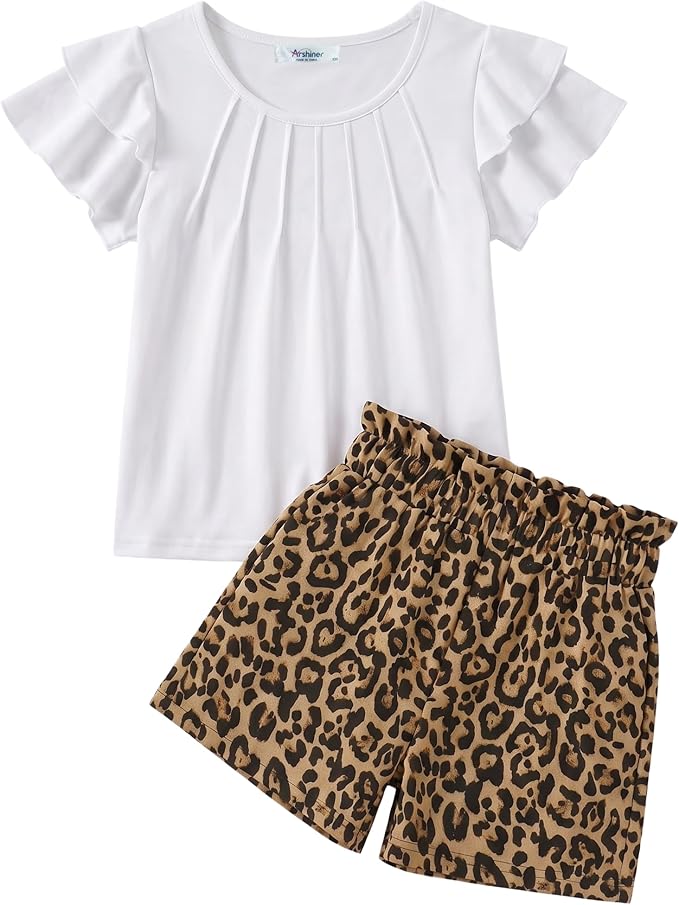 Arshiner Girls 2 Piece Outfits Summer Ruffle Sleeve Top and Paperbag Waist Shorts Set with Pockets Size 5-13 Years