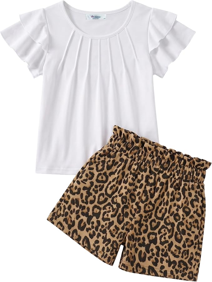 Arshiner Girls 2 Piece Outfits Summer Ruffle Sleeve Top and Paperbag Waist Shorts Set with Pockets Size 5-13 Years