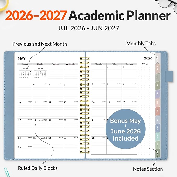 SUNEE 2026-2027 Weekly & Monthly Planner 6.4"x8.5" - 12 Month (July 2026 - June 2027), Vegan Leather Cover Planner Academic Year Calendar, Pocket, Notes, Monthly Tab, Blue