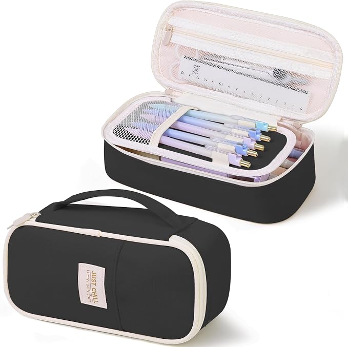 SKYDUE Black Pencil Case for Girls & Boys – Large Capacity Zippered Pencil Pouch with Multi-Compartment, Aesthetic Pencil Bag for School & Office Supplies