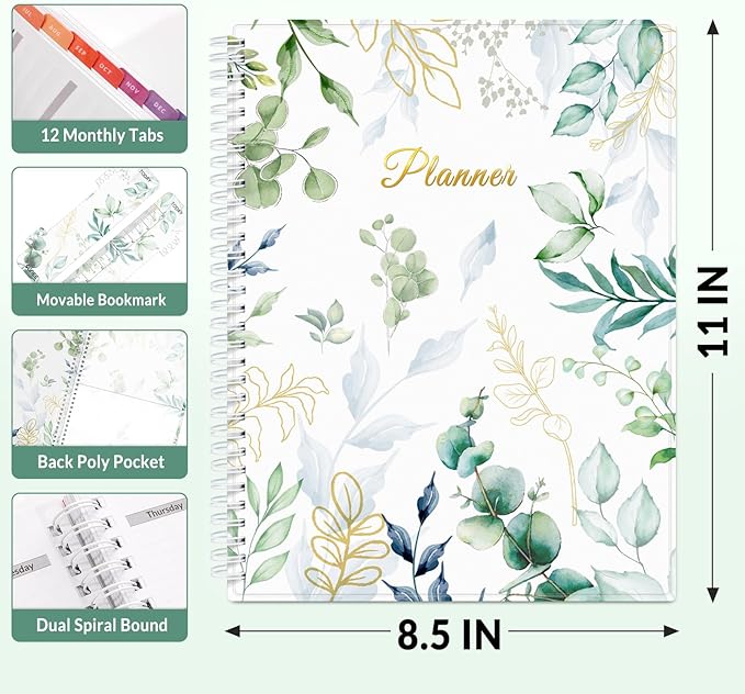 SUNEE Academic Planner 2026-2027 – Weekly & Monthly Planner, July 2026 to June 2027, 8.5"x11", Thick Paper, Tabs, Pockets, Bookmark, Spiral-Bound, Student Teacher Organizer, Greenery