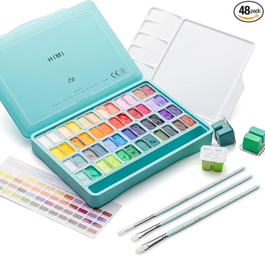 HIMI Twin Cup Jelly Gouache Paint Set with 3 Paint Brushes, 48 Colors 12g, Jelly Cup Design, Non Toxic Paint for Canvas and Paper, Art Supplies for Professionals (Green Case)