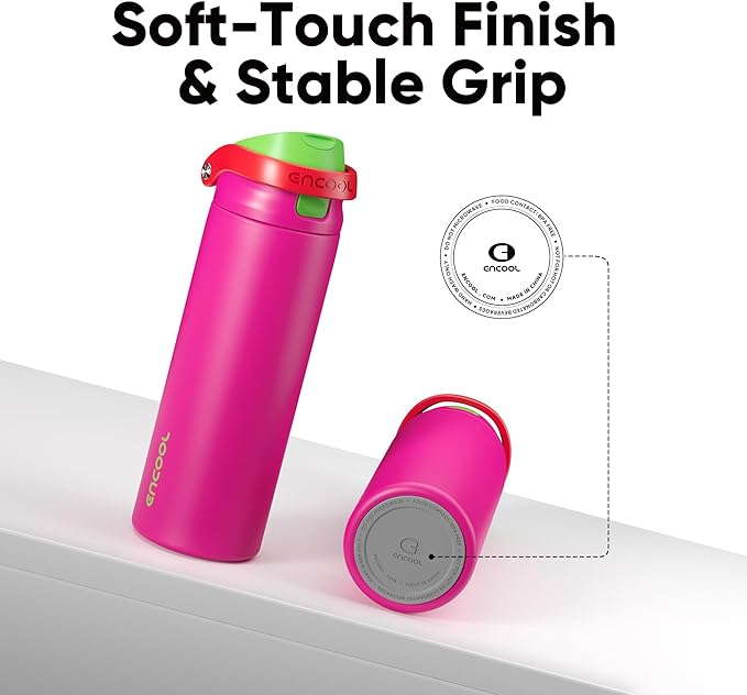 ENCOOL Leakproof Insulated Water Bottle with Straw Dual-Sip Water Bottle Bag-Safe Design for Work, Commute & Gym – Keeps Drinks Cold All Day, 24 oz, Neon Pink