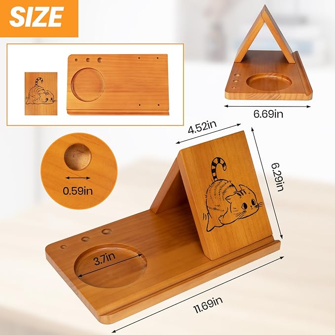 Cat Themed Wooden Book Stand with Cup Holder & Pen Holder, Triangle Wooden Book Rest for Reading, Cute Book Holder Stand Sturdy Fun Cat Design for Book Lovers& Cat Mom Birthday& Mothers Day Gifts