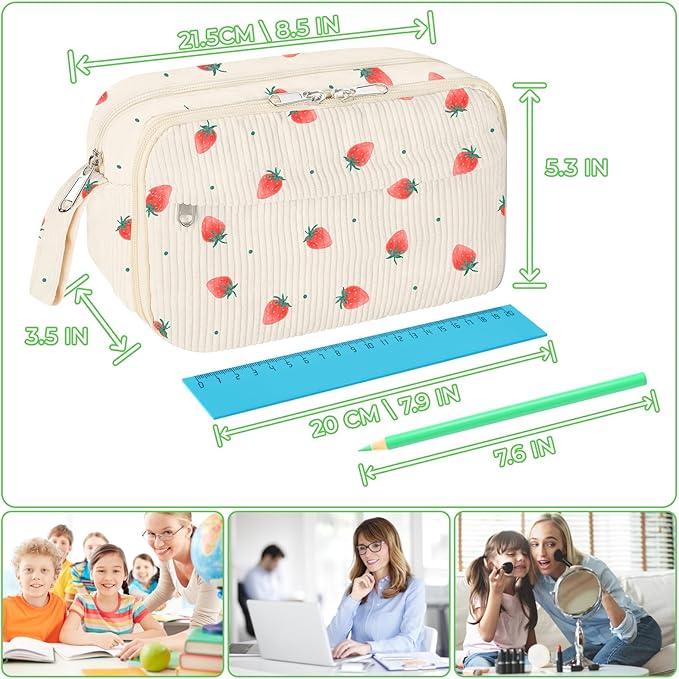 WOBAGMEN Cute Pencil Case,Large Corduroy Zippered Pencil Case Pouch, aesthetic Pencil Bag with Compartments, Pencil Pouch School Supplies (Tiny Strawberry)