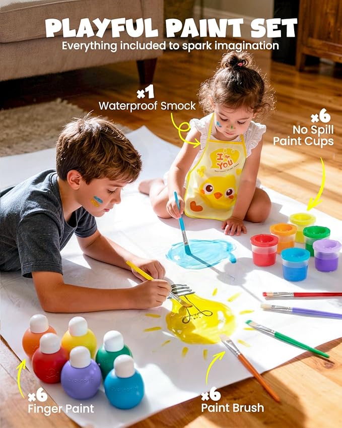 JUPITEARTH 6 Colors Washable Paint Set for Kids Ages 3-6, 4.06oz(120ml), Non-Toxic, Includes Brushes, Cups and Apron, Creative Gift for Toddlers and Preschoolers