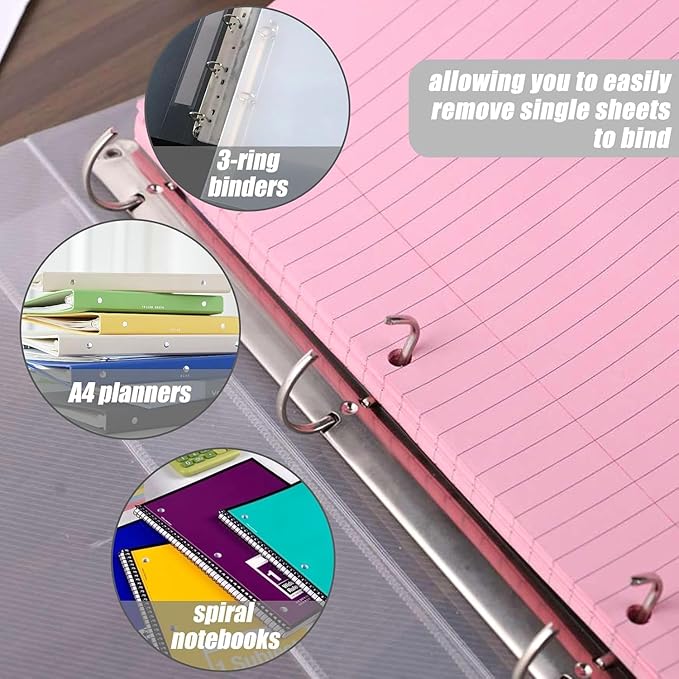 HIBOX Pink Loose Leaf Paper, Pink 100 Sheets 8"x10.5" Wide Ruled Filler Lined Notebook Paper, 3-Hole Punched for 3-Ring Binders Notebook, School & College, Women Girls Writing Work Meeting Note Taking