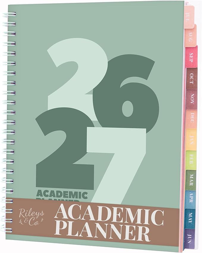 Rileys Academic Planner 2026-2027, Daily, Weekly & Monthly Planner, July 2026 - June 2027, Student Notes Pages, Twin-Wire Binding, Weekly Agenda for School & Work (8 x 6-Inches, Chunky, Green)