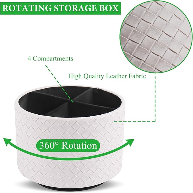 Round Leather Art Supply Organizer,Remote Control Holder,360 Degree Spinning,Multi-Functional Pencil Holder,4 Compartments Desktop Stationary Organizer(1-Weave White)