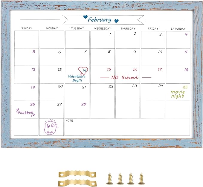 Dry Erase Monthly Calendar Whiteboard,10.6"x 14.6" Small Magnetic White Board for Wall, Hanging Board for Office/School/Home, Solid Pine Wood Frame (Blue)