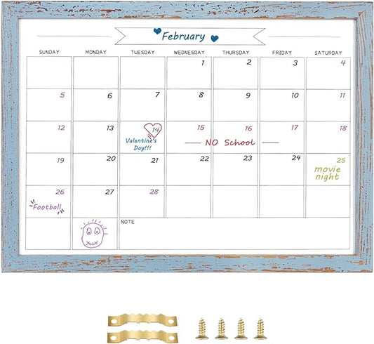 Dry Erase Monthly Calendar Whiteboard,10.6"x 14.6" Small Magnetic White Board for Wall, Hanging Board for Office/School/Home, Solid Pine Wood Frame (Blue)
