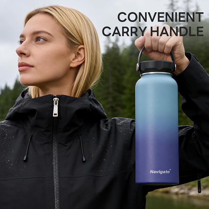 Navigate 40 oz Insulated Stainless Steel Sports Water Bottle with Spout & Handle Lids,Wide Mouth Water Jug with Double Walled Leak Proof Keep Cold for 24 Hrs Hot for 12 Hrs, Blue Gradient