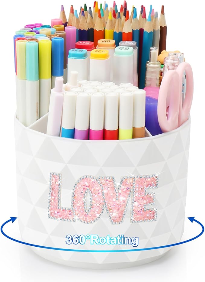 Bling Desk Organizer, Glitter Love Rhinestone Rotating Pencil Pen Holders For Desk,Diamond-Patterned Pen Organizer With 5 Compartments,Stylish Desk Accessories For Office School Home