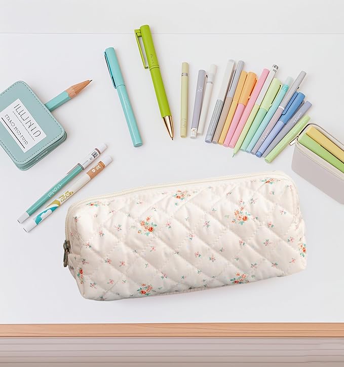 Carry bloom Pencil Pouch Cute Pencil Case for Girls Aesthetic Pencil Bag with Zipper Pen Cases School Supplies Makeup Bag (3 floral beige)