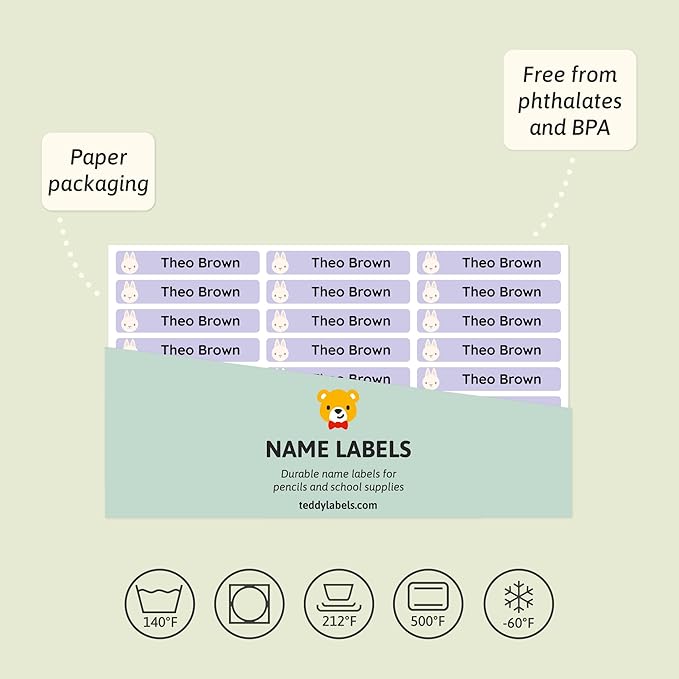 Teddylabels - Personalized Name Labels for School Supplies (75) – Waterproof and Durable Stickers for Pencils, Pen, and Other School Supplies