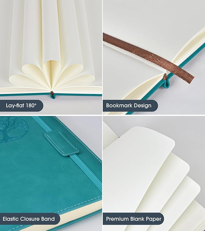Biuwory Blank Journal Notebook for Women Men, Hardcover Leather Sketchbook 5.7"×8.3", 140 Pages Unlined Sketch book for Drawing, Writing, Travel, School & Work, Journaling Notebooks (Blue)