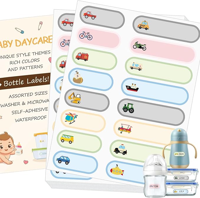 480Pcs Baby Bottle Labels for Daycare, Waterproof Name Labels Daycare Essentials for Nursery and Preschool (Vehicles)