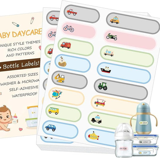 480Pcs Baby Bottle Labels for Daycare, Waterproof Name Labels Daycare Essentials for Nursery and Preschool (Vehicles)