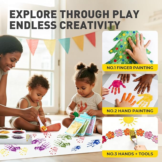 Jar Melo Washable Finger Paints Powder for Toddlers, Safe Paints for Baby's Hand and Feet, Non-Toxic Preschool Art and Craft Supplies, 10 Colors