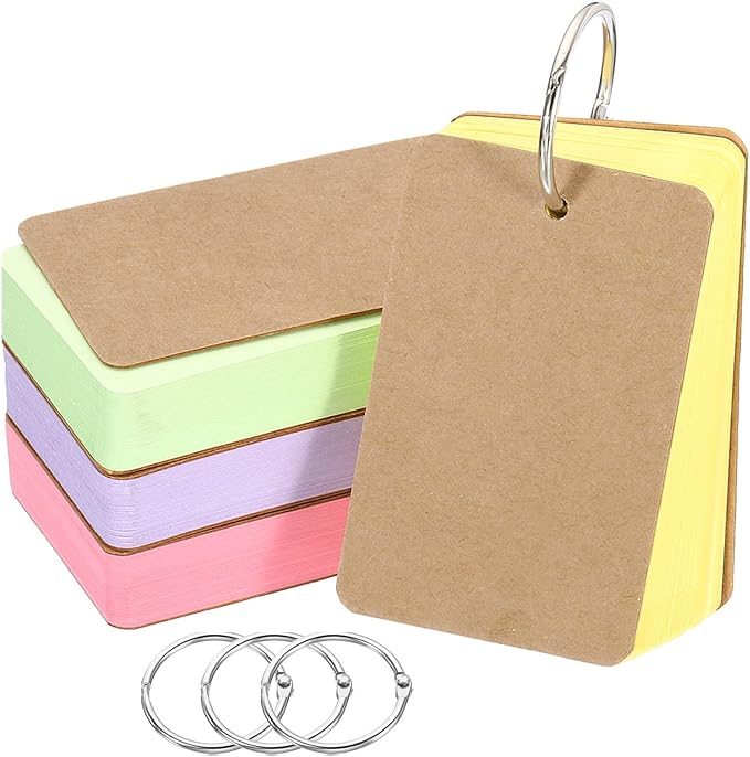 PATIKIL Blank Index Cards with Ring, 200Pcs Colored Blank Flash Card 3.5" x 2" Note Card Study Card for Memory Learning Studying Office Supplies, Assorted Colors