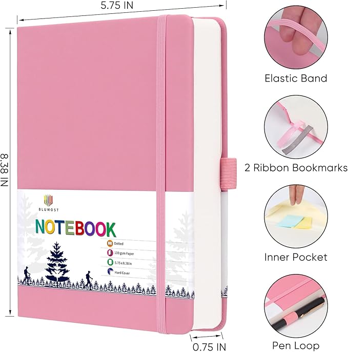 Bullet Dotted Journal Notebook - A5 Dot Grid Notebook with 280 Pages,100gsm Thick Paper,Leather Hardcover Journal for Women Men,5.75'' × 8.38''-Pink