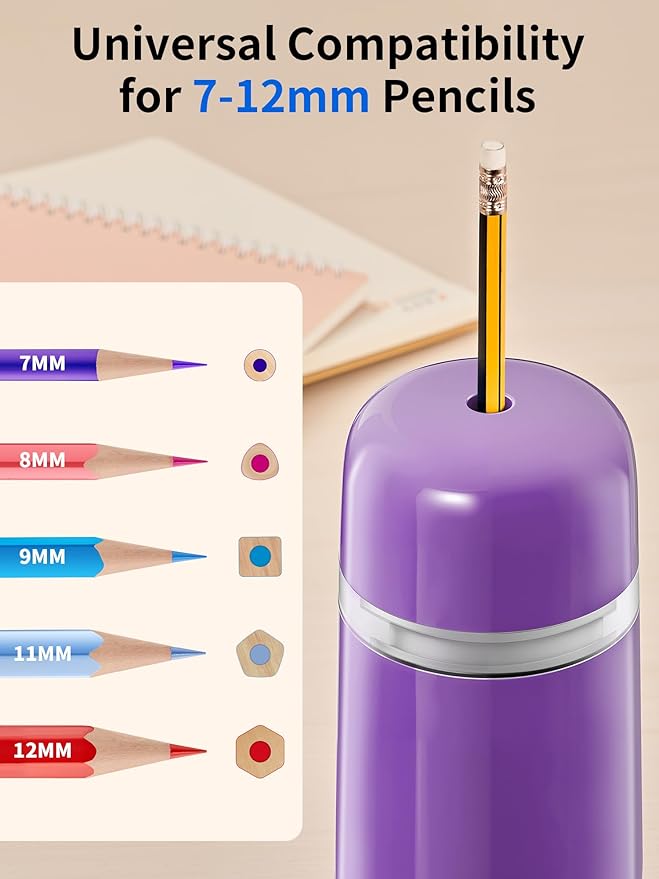 JARLINK Automatic Electric Pencil Sharpener - Hands-Free Operation, 3 Sharpness Modes, 3-Second Sharpening, Rechargeable & Portable for 7-12mm Pencils, Ideal for Classroom and Home Use (Purple)