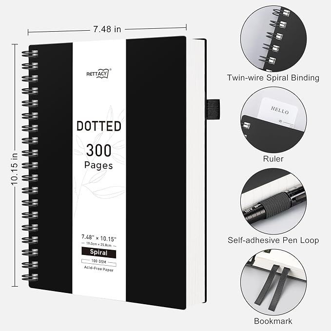 RETTACY Dotted Journal Notebook, 300 Pages, B5 Medium Size (7.4'' × 10''), 100 GSM Thick Paper, Flexible Plastic Cover, Spiral-bound, for Journaling, Planning, Tracking (Black)