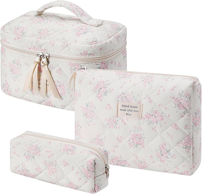 uekeboag Large Travel Quilted Makeup Bag for Women | Soft Floral Cotton Cosmetic Bag, Foldable Coquette Aesthetic Toiletry Organizer