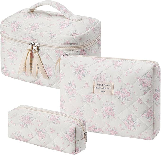 uekeboag Large Travel Quilted Makeup Bag for Women | Soft Floral Cotton Cosmetic Bag, Foldable Coquette Aesthetic Toiletry Organizer