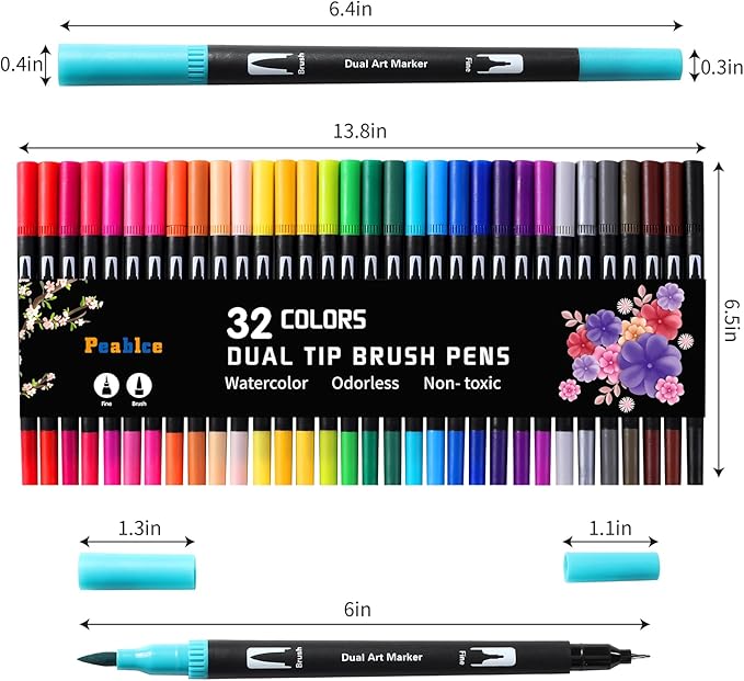 Peablce Art Markers Brush Pen, Markers for Adult Coloring Books No Bleeding,32 Colored Pens Fine Point Highlighter Pen & Brush for Adult Coloring Journaling Note Taking Planner
