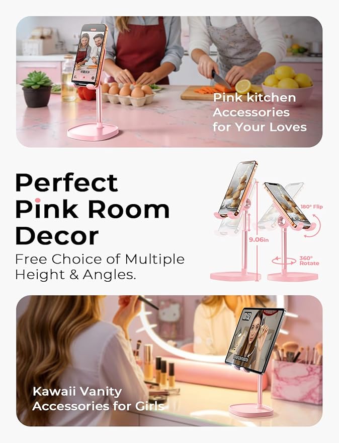 LISEN Pink Vanity Girls Room Decor Kitchen Accessories, Cute Pink Cell Phone Stand Bathroom Living Room Essentials Decor Offices Desk Accessories for iPad mini Phone Holder 4-10 in