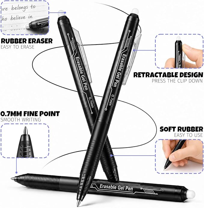 sunacme Retractable Erasable Gel Pens, 12 Solid Black Fine Point Erasable Pens Clicker, Make Mistakes Disappear, Perfect for Drawing, Writing, Planner & Crossword Puzzles (0.7mm, Pack of 12)